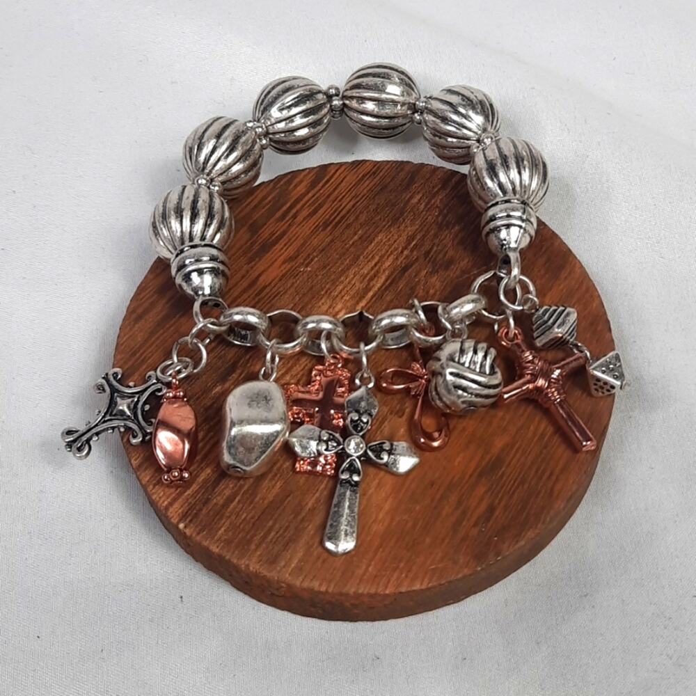 Beaded Cross Stretch Charm Bracelet Silver & Copper Toned